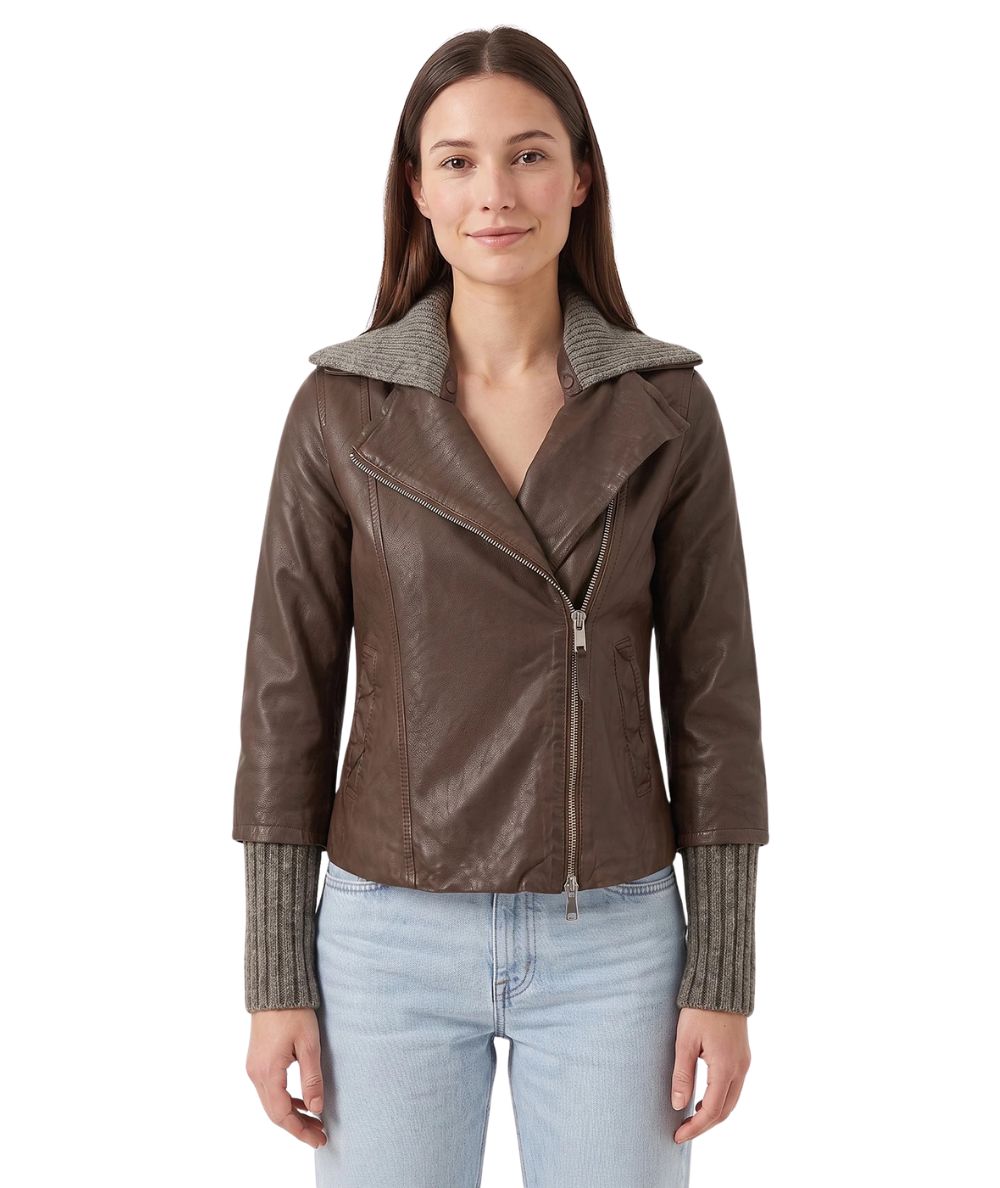 The Jackie Leather Chiodo con Dettagli in Maglia Gemini Marrone