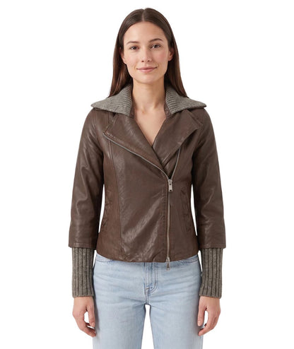 The Jackie Leather Chiodo con Dettagli in Maglia Gemini Marrone