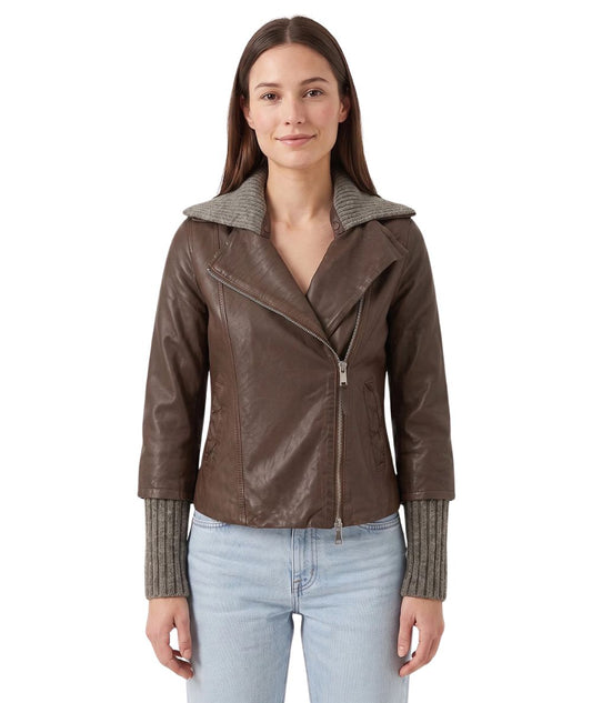 The Jackie Leather Chiodo con Dettagli in Maglia Gemini Marrone