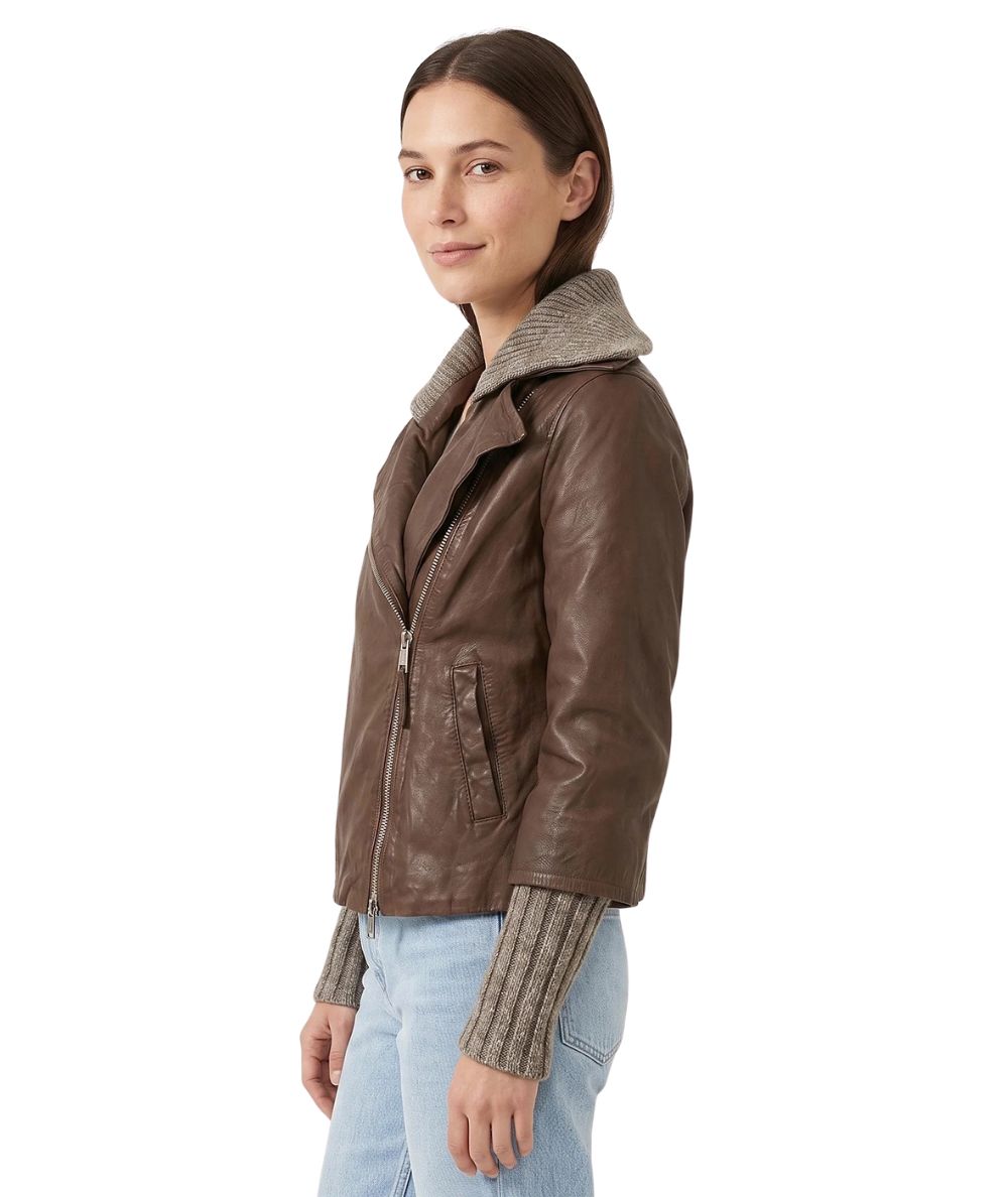 The Jackie Leather Chiodo con Dettagli in Maglia Gemini Marrone
