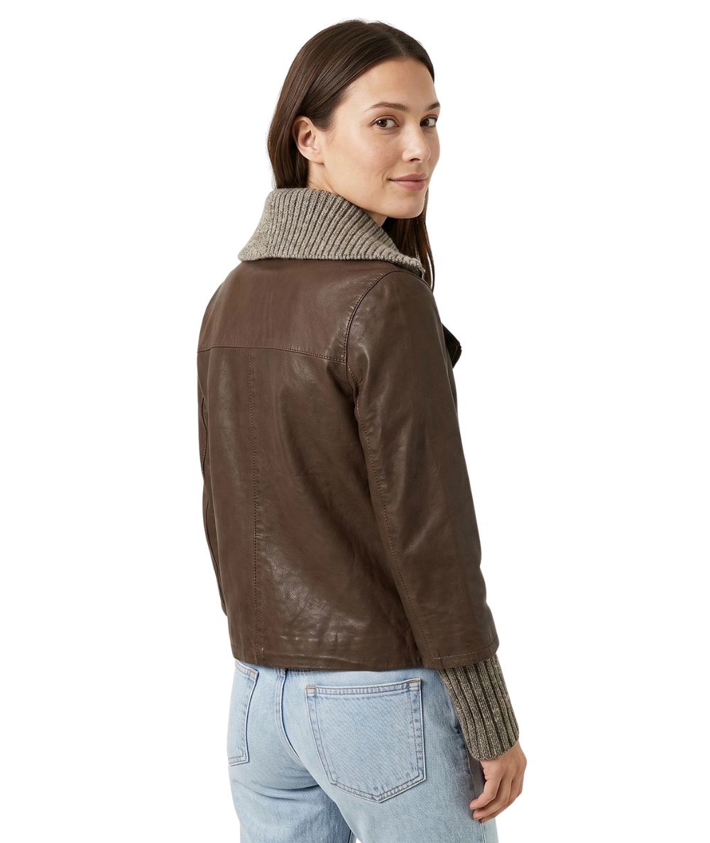 The Jackie Leather Chiodo con Dettagli in Maglia Gemini Marrone 