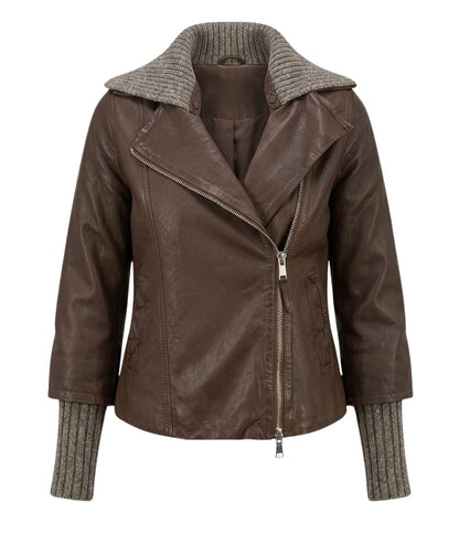 The Jackie Leather Chiodo con Dettagli in Maglia Gemini Marrone
