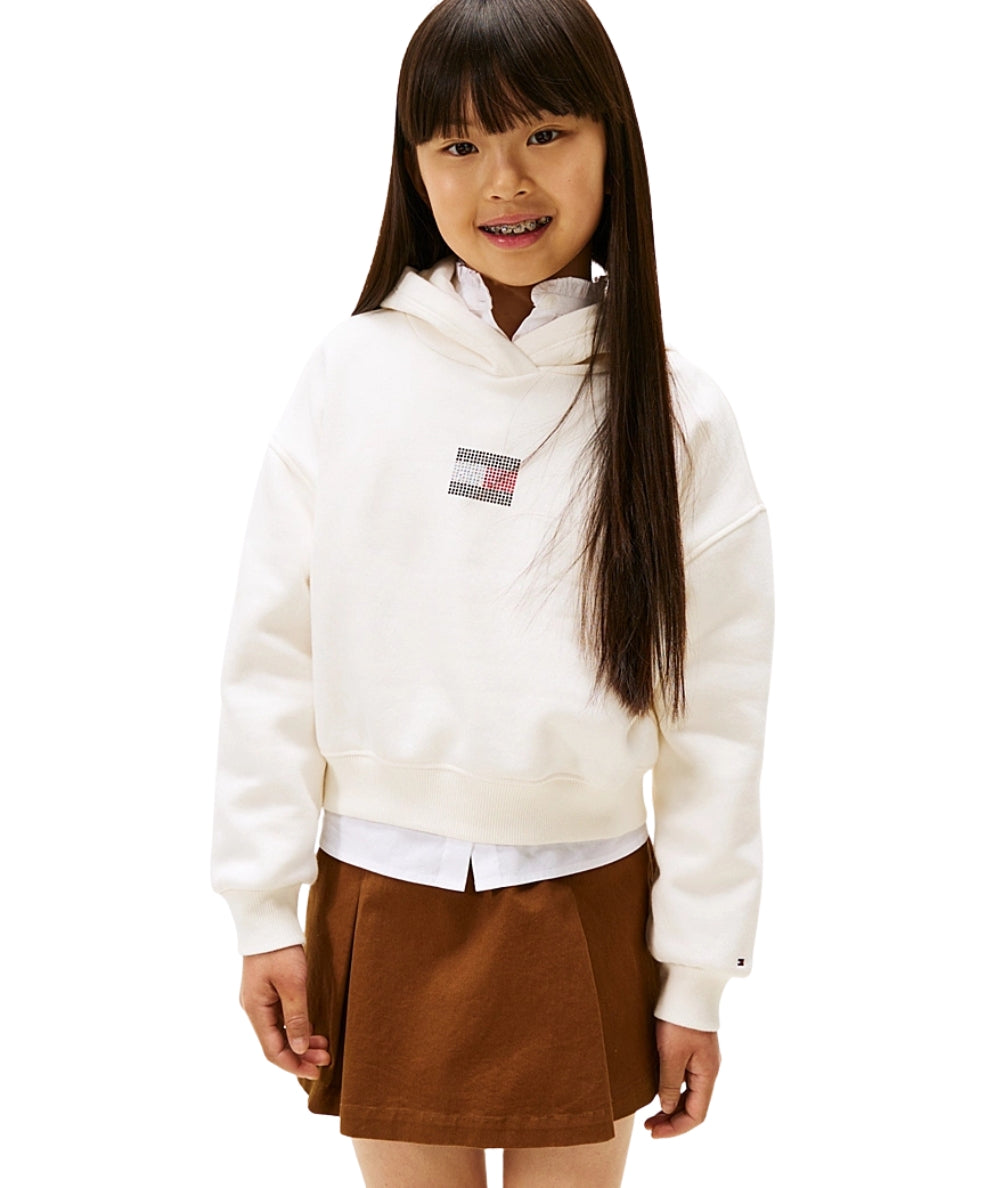 Tommy Hilfiger Felpa con Cappuccio e Logo in Strass KG0KG09016 Bianco