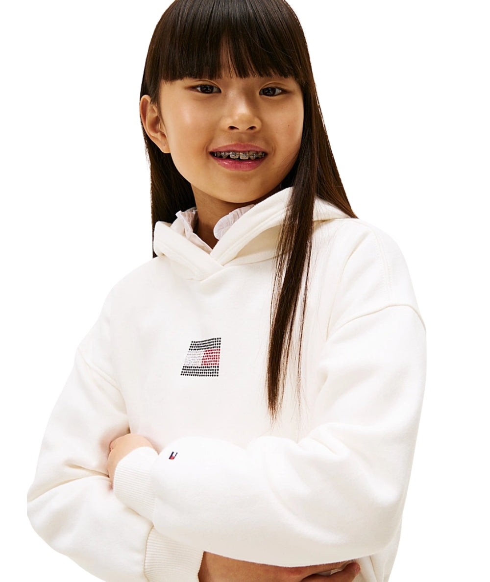 Tommy Hilfiger Felpa con Cappuccio e Logo in Strass KG0KG09016 Bianco