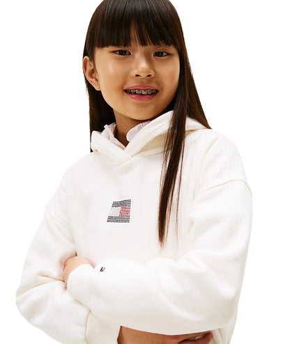 Tommy Hilfiger Felpa con Cappuccio e Logo in Strass KG0KG09016 Bianco