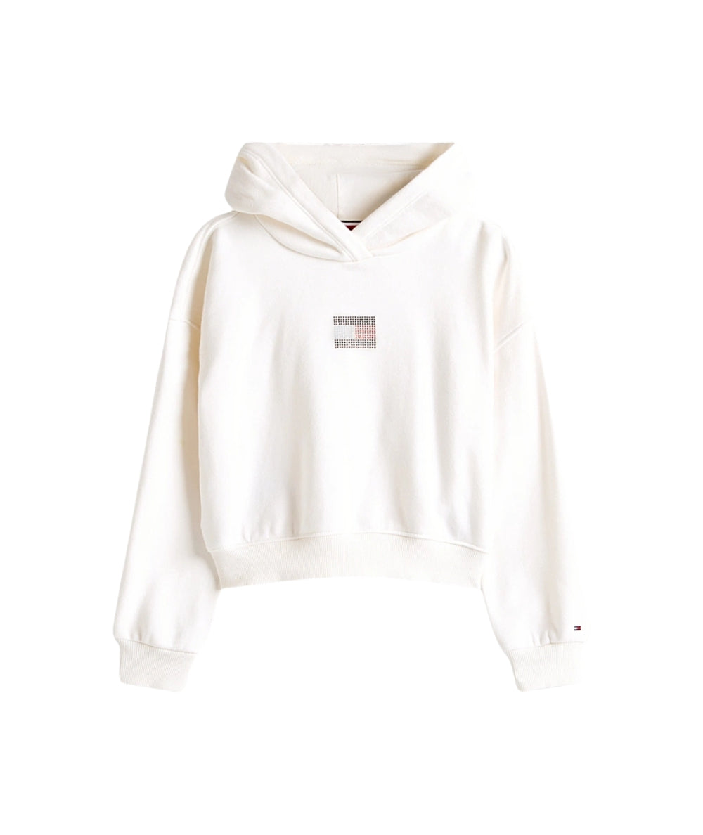 Tommy Hilfiger Felpa con Cappuccio e Logo in Strass KG0KG09016 Bianco