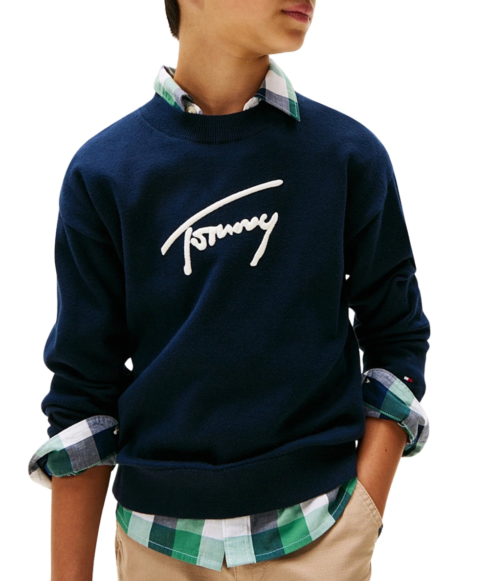 Tommy Hilfiger Maglione Girocollo con Logo Firma KB0KB09974 Blu Navy