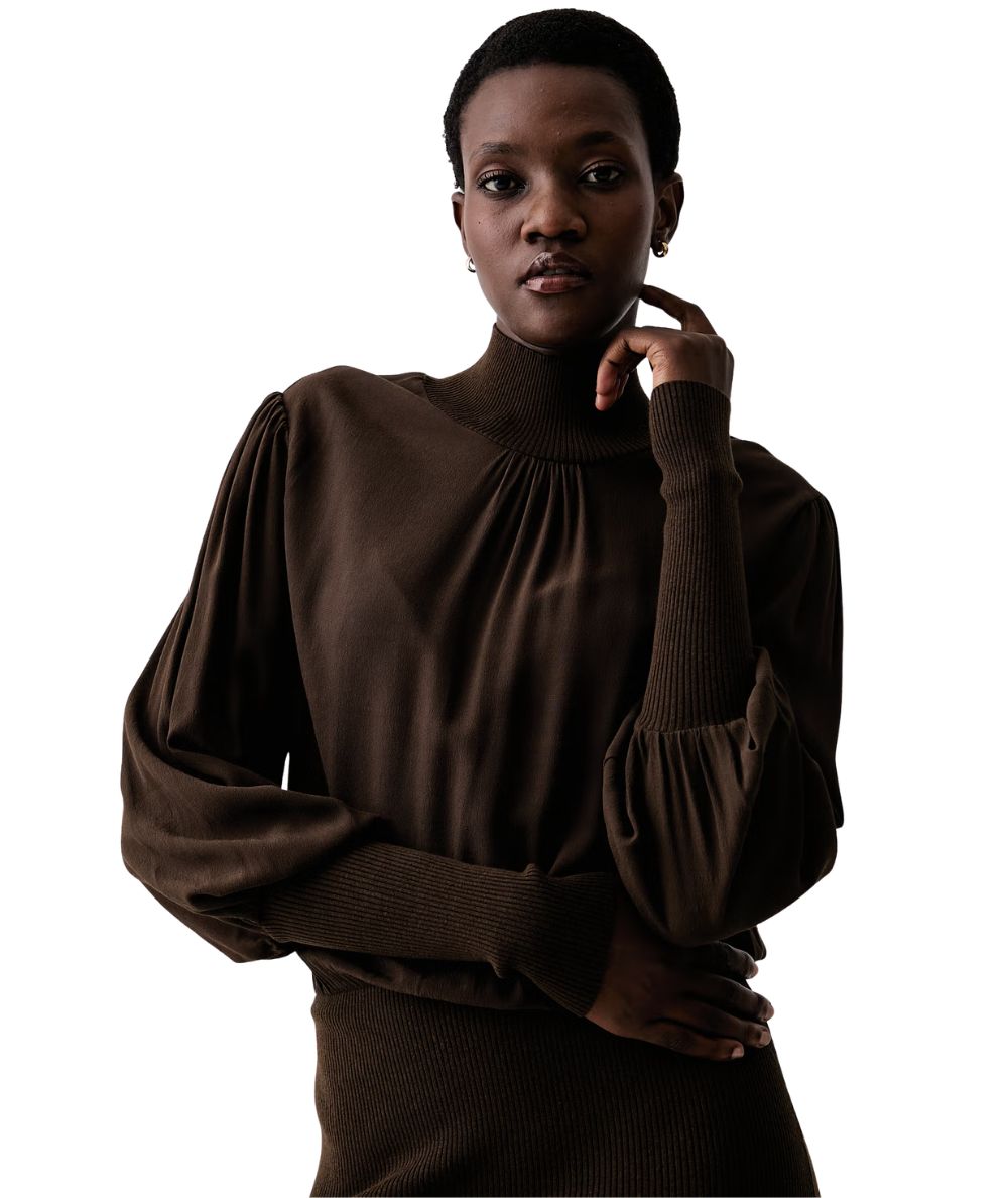 Twinset Abito Tubino in Maglia e Crepe de Chine 262TP3240 Marrone