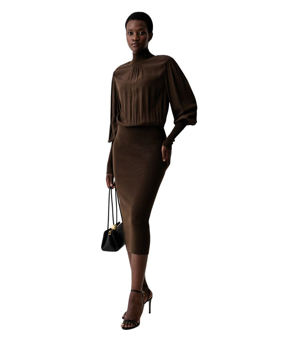 Twinset Abito Tubino in Maglia e Crepe de Chine 262TP3240 Marrone