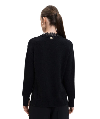 Twinset Maglia in Misto Angora con Pizzo 252TT3380 Nero