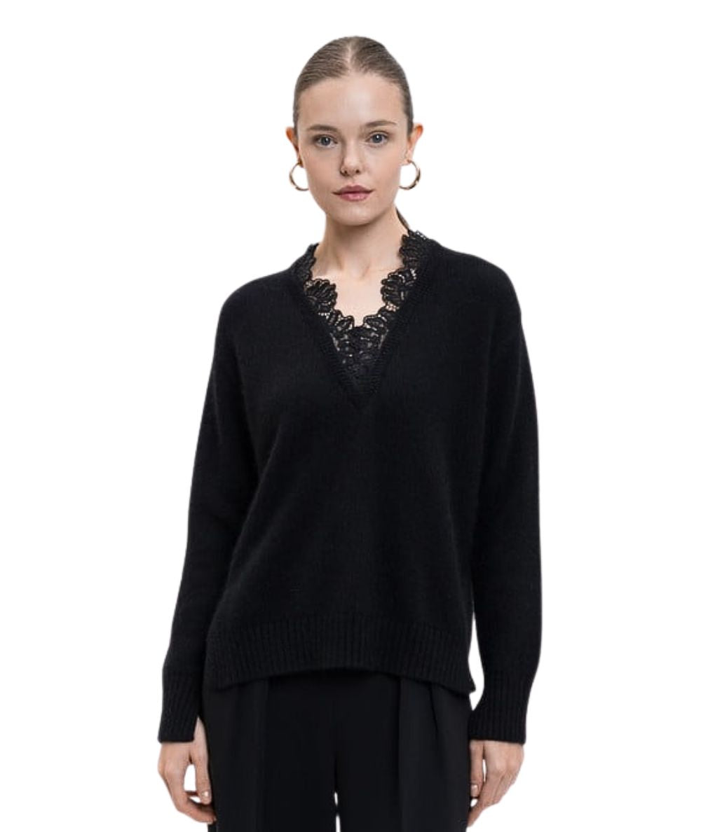 Twinset Maglia in Misto Angora con Pizzo 252TT3380 Nero