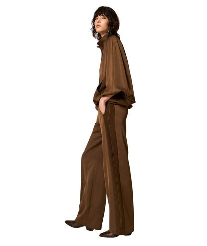 Twinset Pantaloni a Palazzo in Satin con Bande 262TP2133 Marrone