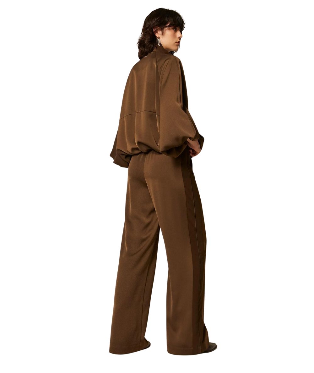 Twinset Pantaloni a Palazzo in Satin con Bande 262TP2133 Marrone