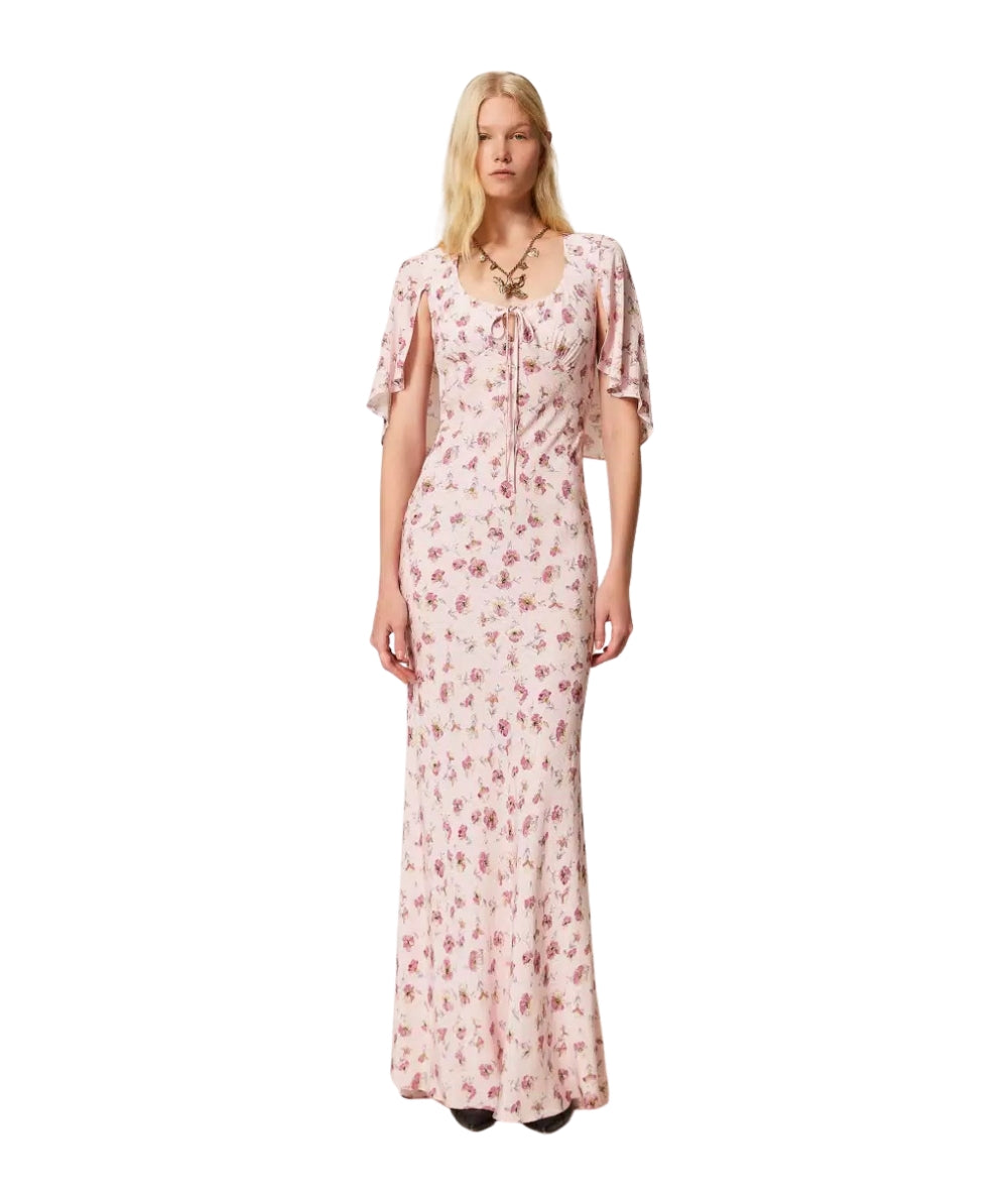 Twinset Abito Lungo Floreale in Georgette 261TP210A Rosa