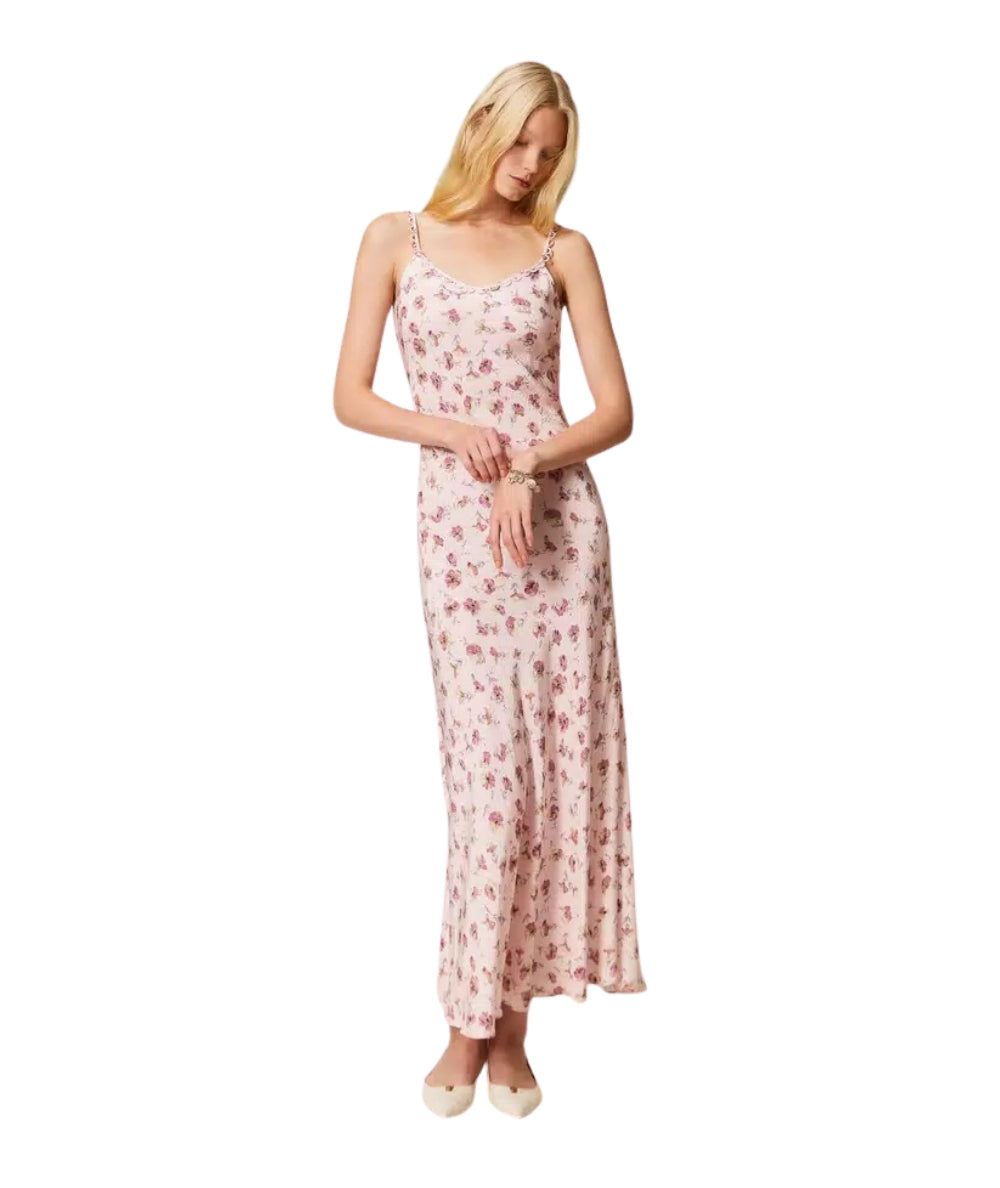 Twinset Abito Lungo Floreale in Georgette 261TP210D Rosa