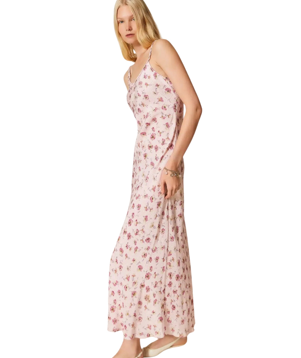 Twinset Abito Lungo Floreale in Georgette 261TP210D Rosa