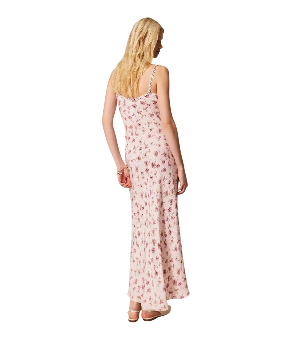 Twinset Abito Lungo Floreale in Georgette 261TP210D Rosa