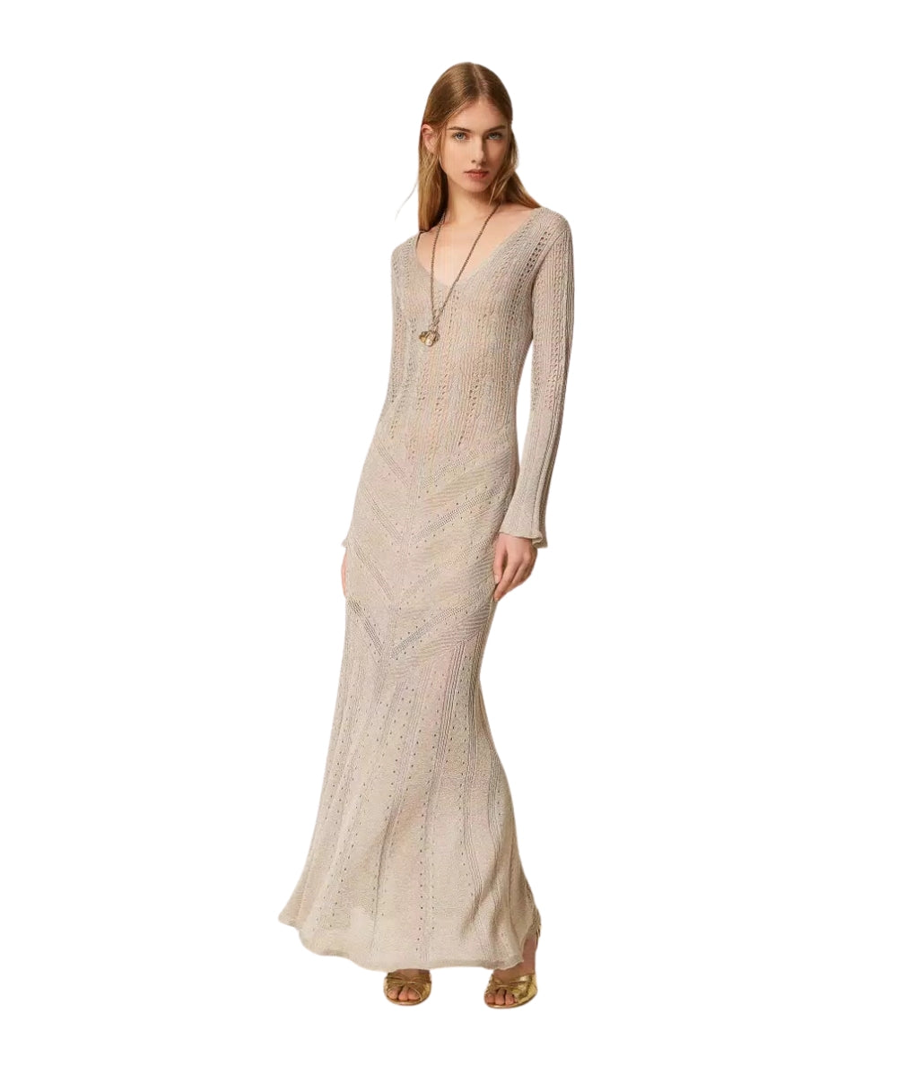 Twinset Abito Lungo in Maglia Traforata con Lurex 261TT3134 Oro