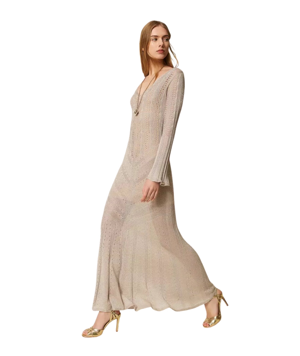 Twinset Abito Lungo in Maglia Traforata con Lurex 261TT3134 Oro