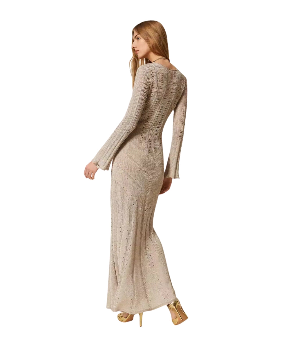 Twinset Abito Lungo in Maglia Traforata con Lurex 261TT3134 Oro