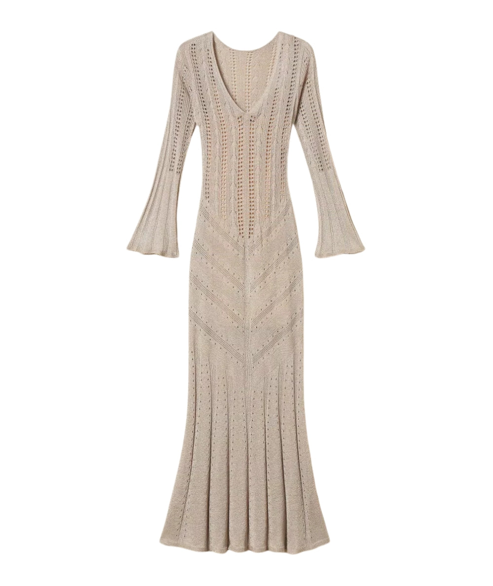 Twinset Abito Lungo in Maglia Traforata con Lurex 261TT3134 Oro