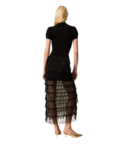 Twinset Abito Lungo in Maglia e Balze di Tulle in Pizzo 261TP3163 Nero