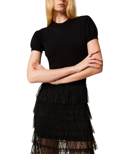 Twinset Abito Lungo in Maglia e Balze di Tulle in Pizzo 261TP3163 Nero