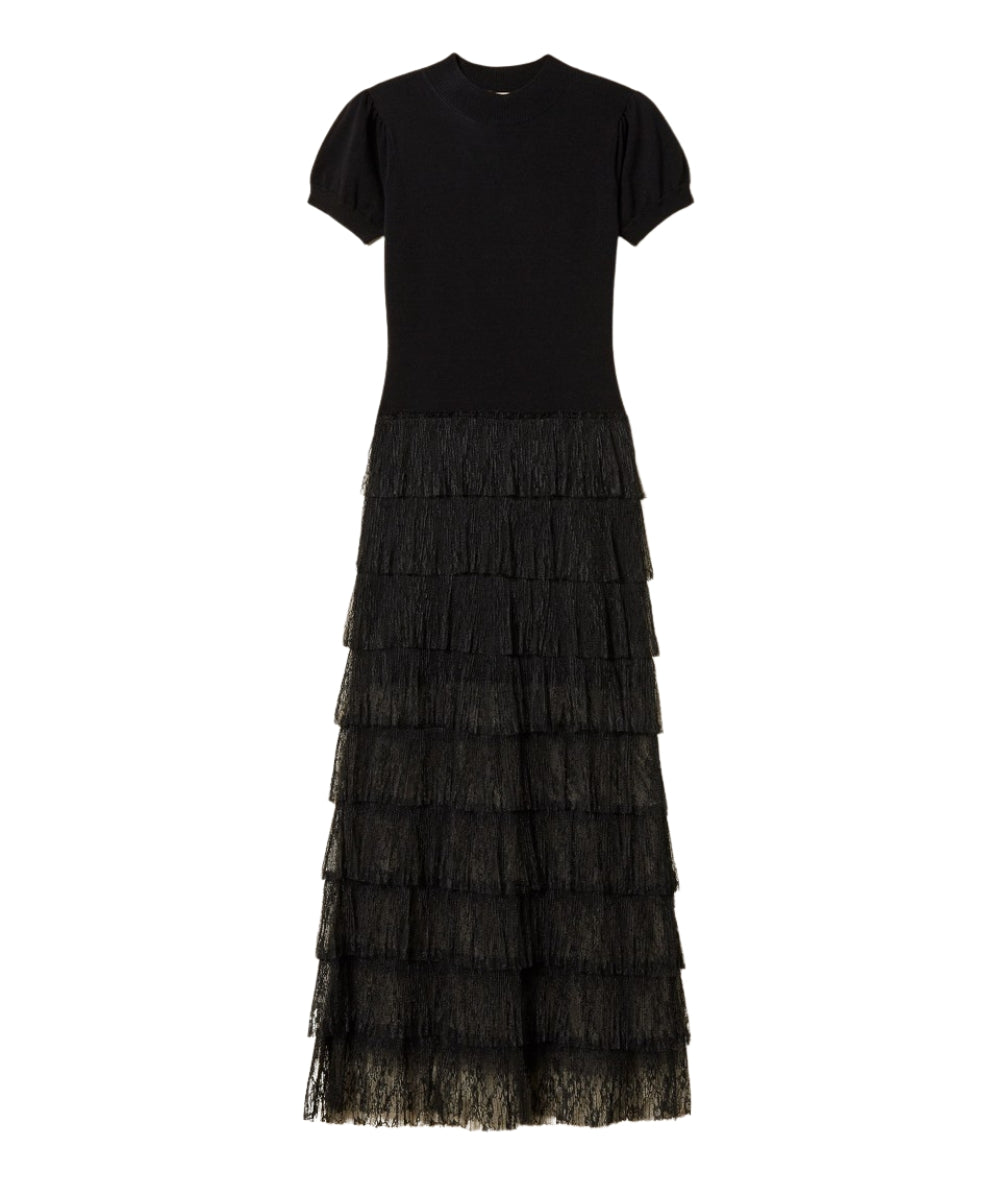 Twinset Abito Lungo in Maglia e Balze di Tulle in Pizzo 261TP3163 Nero 