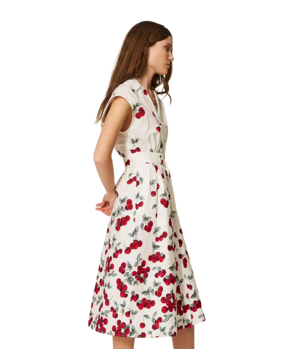Twinset Abito Smanicato a Chemisier con Ciliegie 261TT2590 Bianco