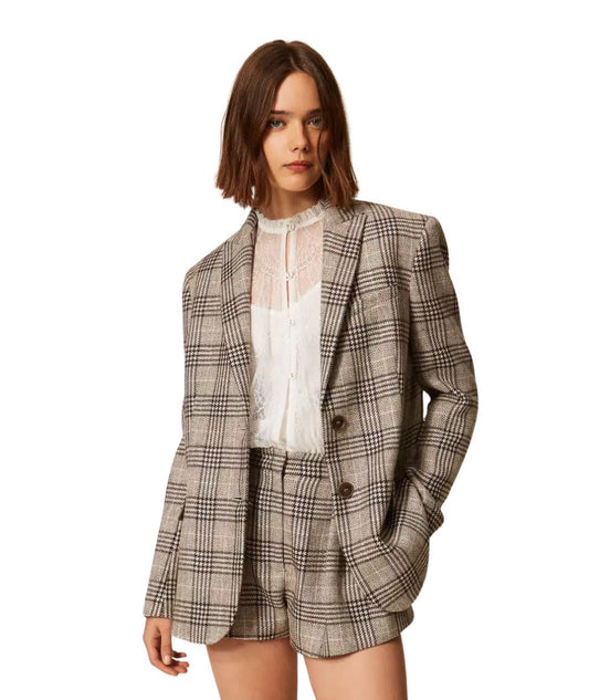 Twinset Blazer in Fantasia Check con Paillettes 262TP2742 Marrone
