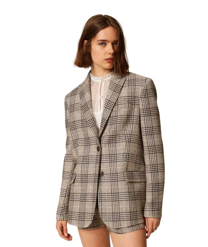 Twinset Blazer in Fantasia Check con Paillettes 262TP2742 Marrone