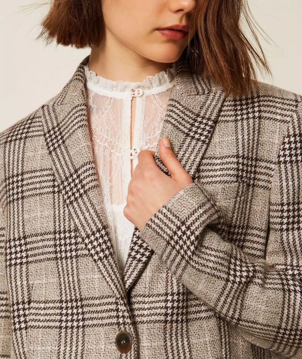 Twinset Blazer in Fantasia Check con Paillettes 262TP2742 Marrone