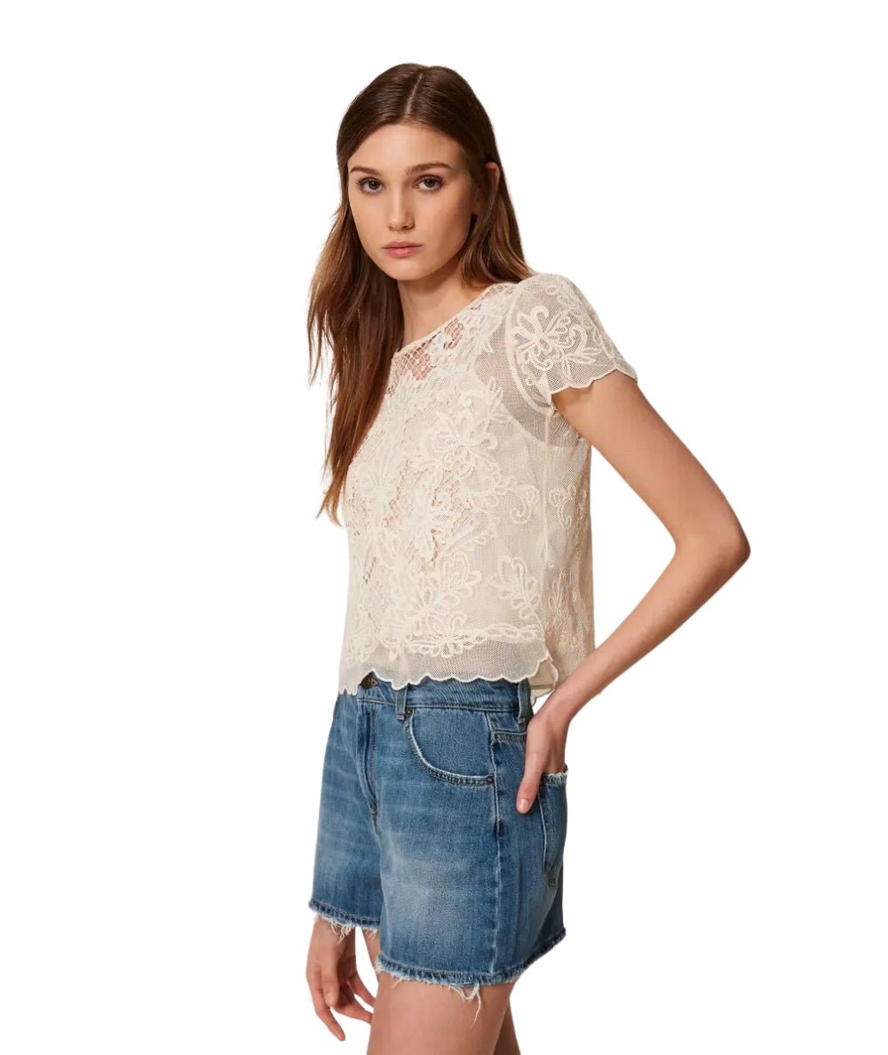 Twinset Blusa Girocollo con Ricami 261TP2581 Bianco Neve