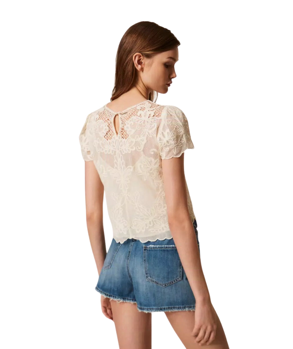 Twinset Blusa Girocollo con Ricami 261TP2581 Bianco Neve