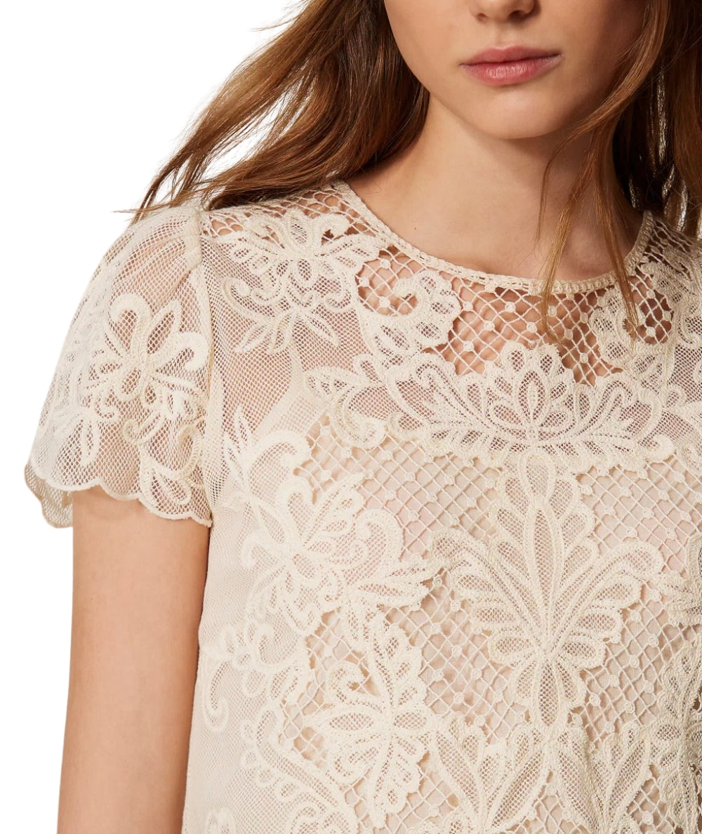 Twinset Blusa Girocollo con Ricami 261TP2581 Bianco Neve