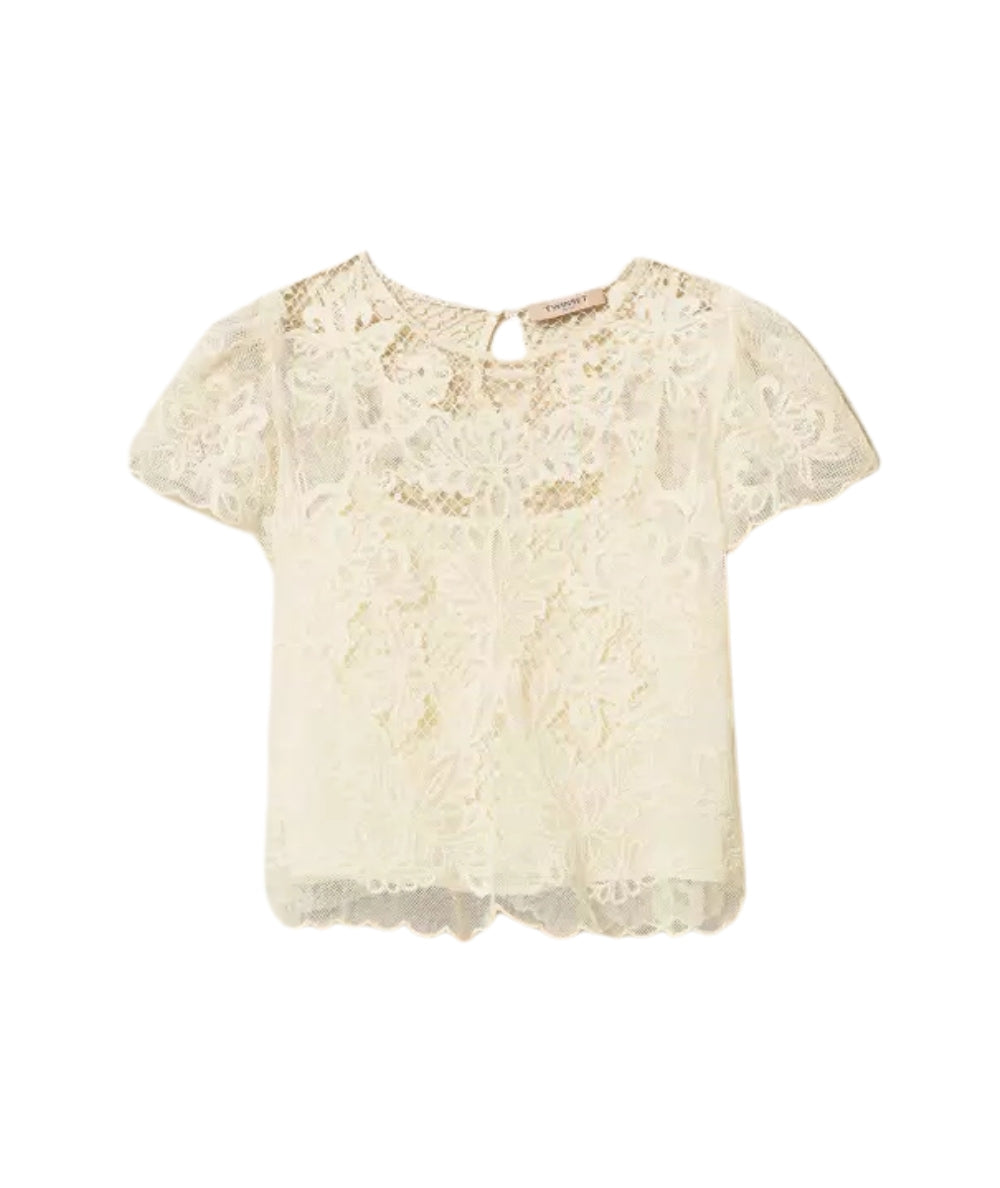 Twinset Blusa Girocollo con Ricami 261TP2581 Bianco Neve