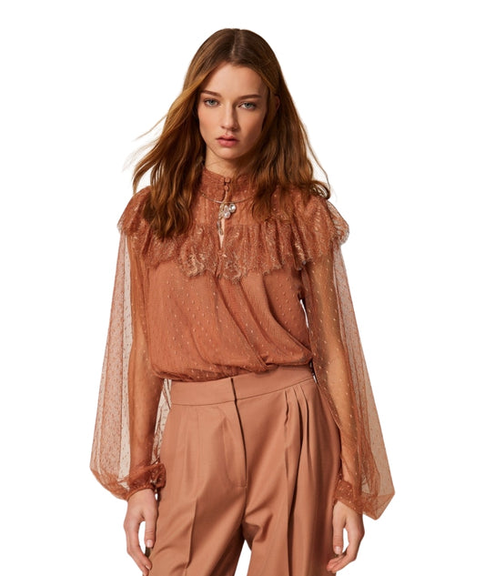 Twinset Blusa in Tulle Plumetis e Volant in Pizzo 261TP2772 Marrone