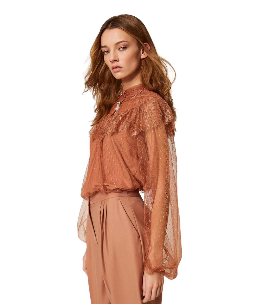 Twinset Blusa in Tulle Plumetis e Volant in Pizzo 261TP2772 Marrone