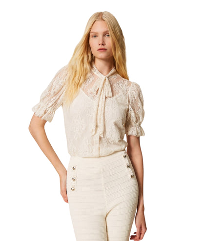 Twinset Camicia in Pizzo Floreale con Fiocco 261TP2625 Bianco