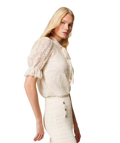 Twinset Camicia in Pizzo Floreale con Fiocco 261TP2625 Bianco