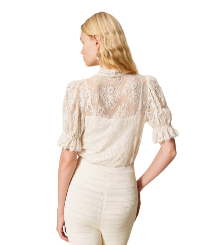 Twinset Camicia in Pizzo Floreale con Fiocco 261TP2625 Bianco