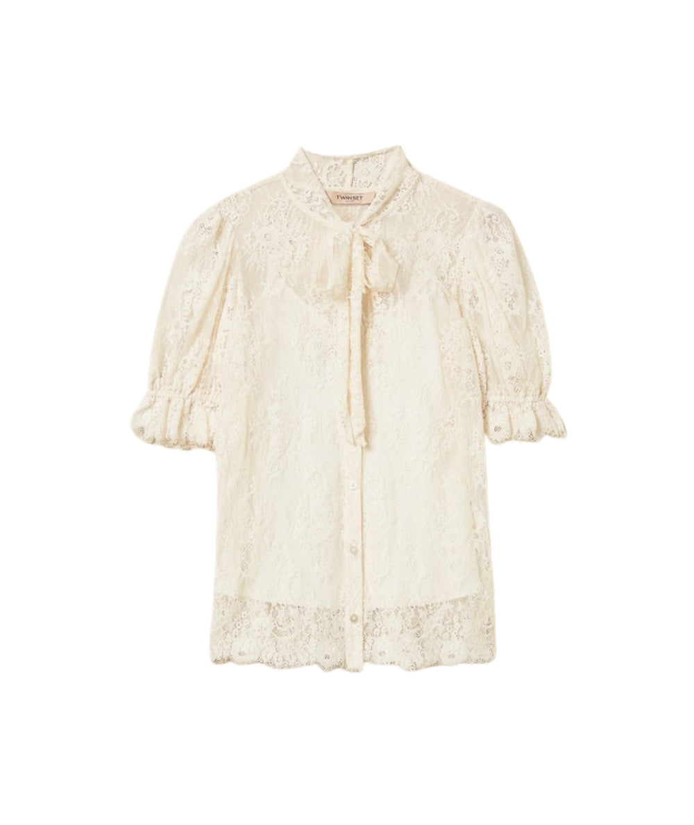 Twinset Camicia in Pizzo Floreale con Fiocco 261TP2625 Bianco