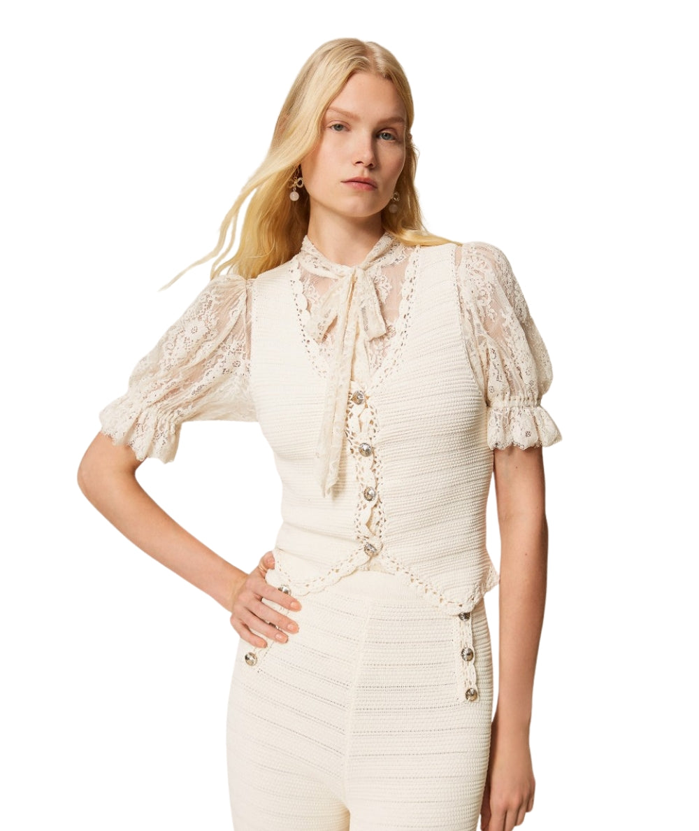 Twinset Gilet con Bordi a Crochet 261TP3077 Beige Parchment