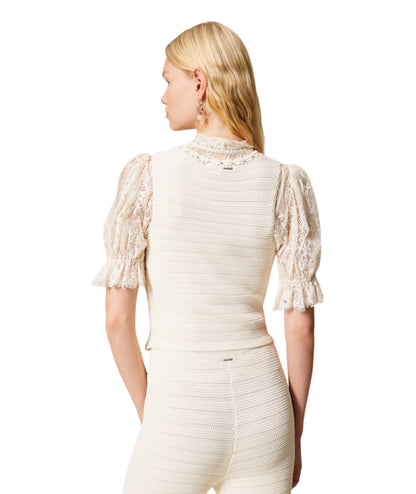 Twinset Gilet con Bordi a Crochet 261TP3077 Beige Parchment