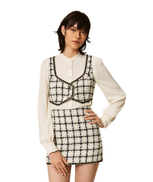 Twinset Gonna Corta in Bouclè Check 262TP2751 Bianco Nero