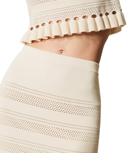 Twinset Gonna Midi a Motivo Traforato e Volant 261TP3083 Bianco
