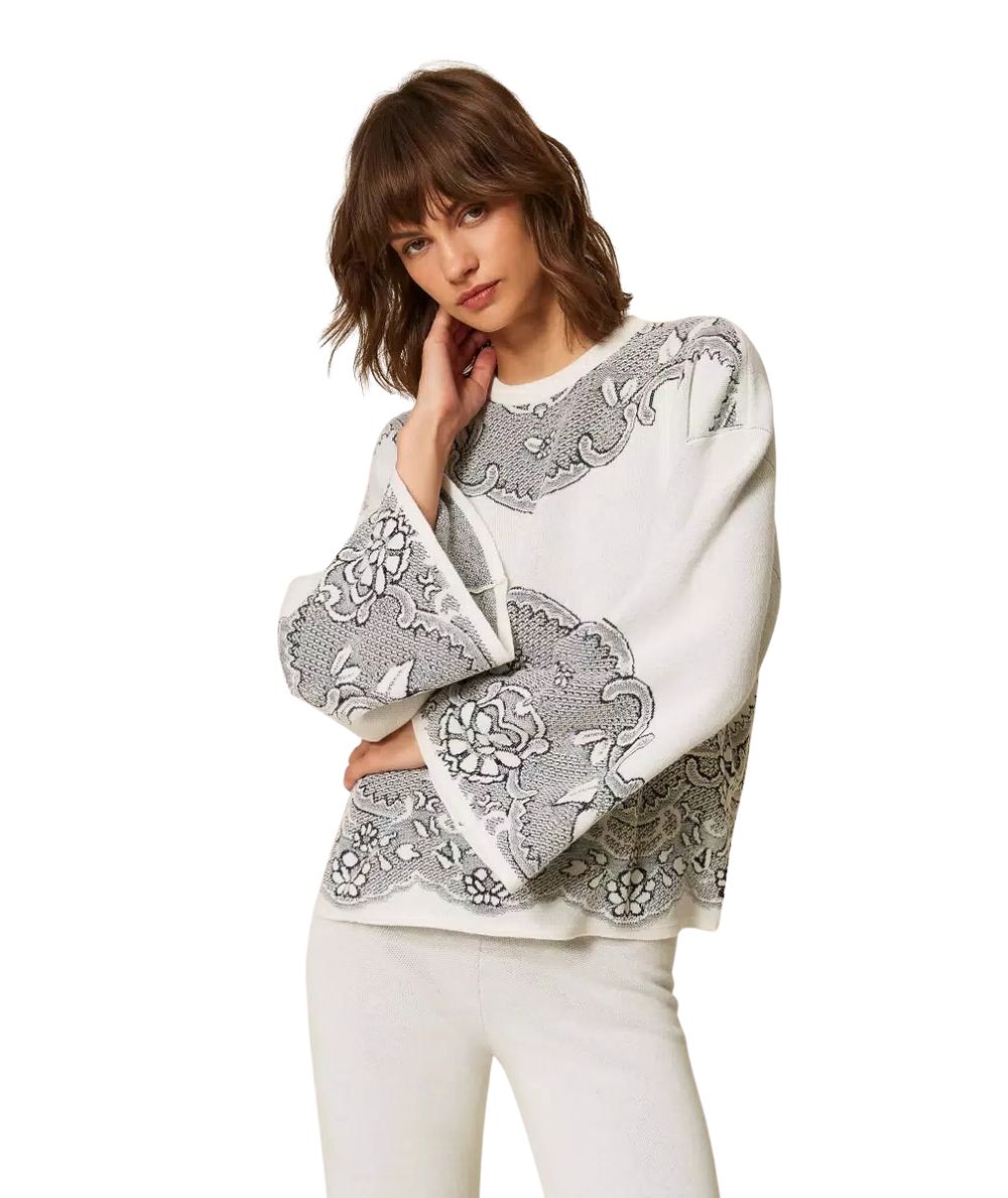 Twinset Maglia Jacquard Effetto Pizzo 262TP3524 Bianco 