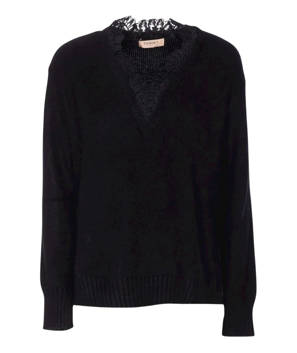 Twinset Maglia in Misto Angora con Pizzo 252TT3380 Nero