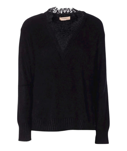 Twinset Maglia in Misto Angora con Pizzo 252TT3380 Nero