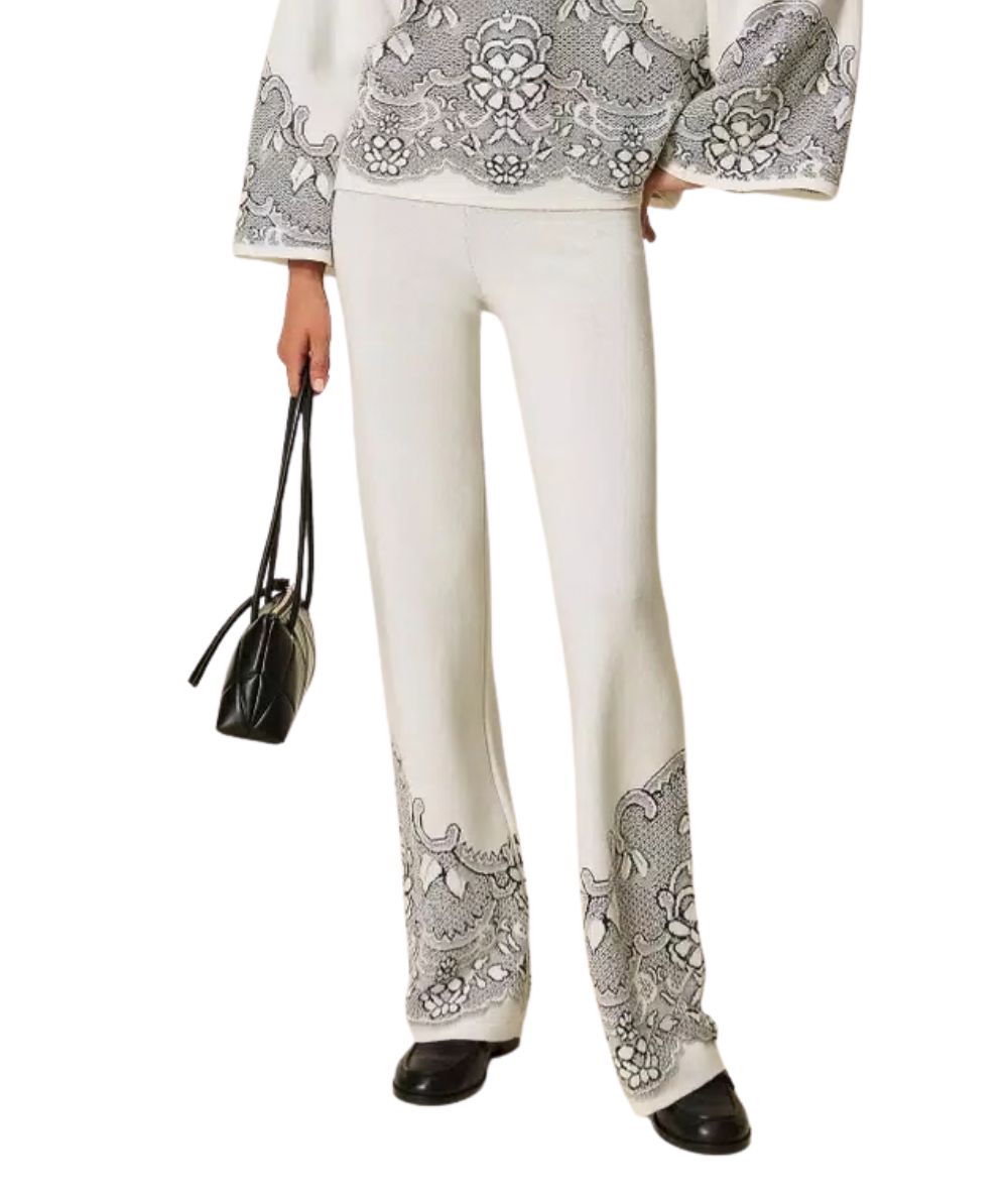 Twinset Pantalone in Maglia Jacquard Effetto Pizzo 262TP3523 Bianco 